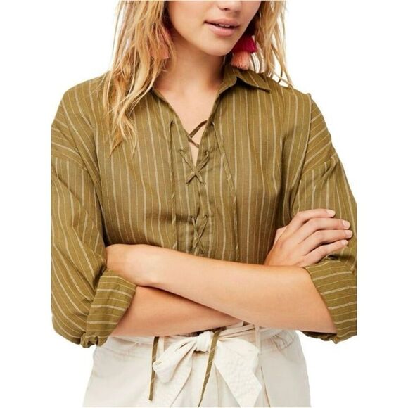 NEW Free People Womens S Under the Boardwalk Striped Tunic Lace Up Front Top - Picture 2 of 6
